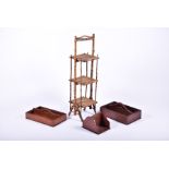 An early 20th century aesthetic style bamboo and wicker whatnot 97 cm high; two antique mahogany