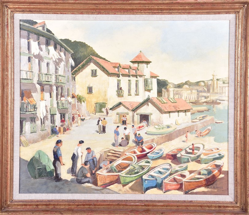 A 20th century oil on canvas depicting an Italian harbour side along with three other oil paintings,