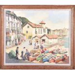 A 20th century oil on canvas depicting an Italian harbour side along with three other oil paintings,