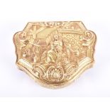 A mid 19th century German 18 ct gold snuff box with Hanau pseudo hallmarks, the cartouche shaped box