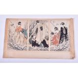 An original 19th century Japanese oban woodblock triptych after Utagawa Toyokuni: 'A picnic party