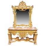 A 20th century marble console table with mirror back in the Rococo taste, the base with pierced