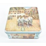 A Huntley & Palmers biscuit tin depicting the chariot race from 'Ben Hur' 23.5 cm x 23.5 cm x 11
