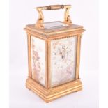 A French 19th century chinoiserie carriage clock the porcelain panels hand painted with birds of