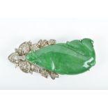 A Chinese Imperial jadeite jade and diamond white metal pendant  carved as a fish, marked "585",