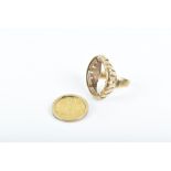 A 9ct yellow gold ring mount (a/f), approximately size O, together with mounted Egyptian coin, (