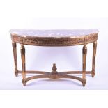 A 20th century demi-lune console table with marble top and painted relief decoration to the base, 90