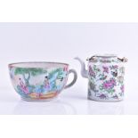 A Cantonese export ware famille rose chamber pot 19th century, along with a later teapot, the