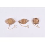 A group of three full sovereign brooches each set in 9ct yellow gold, the sovereigns, dated 1861,
