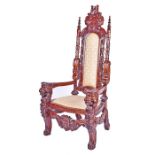 A very large 17th century style carved hardwood throne armchair the top carved with scrolls, shields