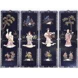 A set of four Chinese lacquered painted panels inset with relief bone and hardstone decoration, 20th