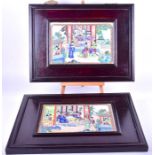 Two 20th century Chinese porcelain framed panels depicting figures in domestic interior scenes, in