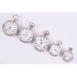 A group of five silver pocket watches one by Stewart Dawson & Co. of Liverpool, one by Saunders &