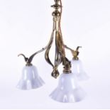 An Arts & Crafts brass pendant light fitting in the manner of Benson of scrolled brass form, set