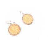 A pair of yellow metal earrings each with a yellow gold Austrian ducat coin set in a yellow metal