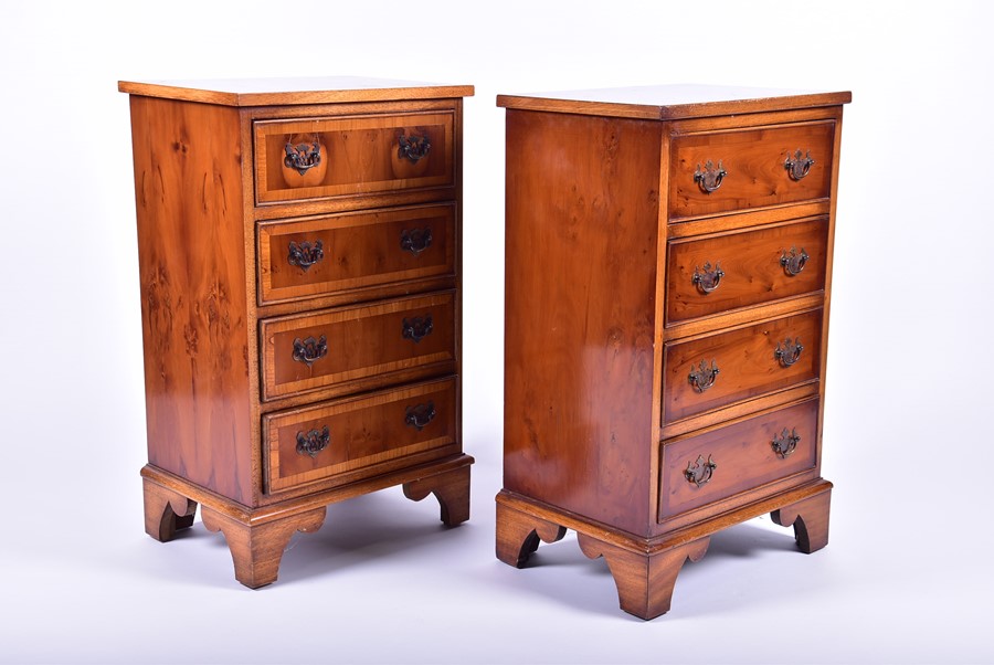 A near pair of reproduction yew wood beside chests with four drawers, on bracket feet, 73 cm x 44 cm