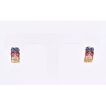 A pair of 9ct yellow gold and multi-coloured sapphire earrings set with round-cut blue, red, yellow,