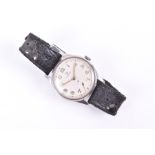 A 1950 Omega military style stainless steel mechanical wristwatch the silvered dial with luminous
