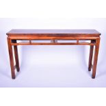 A 20th century Chinese hardwood altar table with carved and pierced central motif, 154 cm x 86 cm