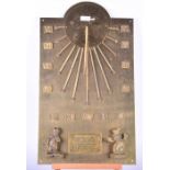 An unusual brass sundial wall mount 20th century, the base flanked with two poised clowns on
