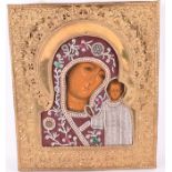 A 19th century Russian icon, Mother of God of Kazan with elaborate oklad, tempera on wood panel, the