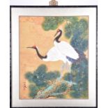 An early 20th century Chinese watercolour depicting cranes each with vividly painted blue legs,