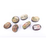 A collection of seven assorted Georgian style snuff boxes with printed decoration to the covers, the