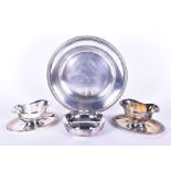 A large Christofle silver plated serving dish together with two Christofle sauce boats with integral