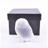 A Lalique frosted glass model of an owl within original box, with etched signature to underside '