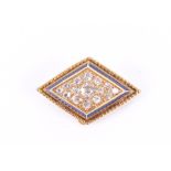 A Victorian gold, old-cut diamond and enamel brooch of diamond-shaped design, pave-set with