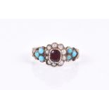 An early to mid 19th century yellow metal, garnet, pearl, and turquoise ring centred with a collet-
