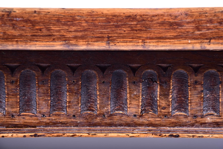 A large 18th century style oak refectory table the plank top supported on very large turned and - Image 5 of 6