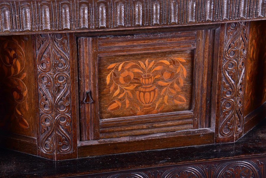 An English oak marquetry press / court cupboard in the 17th century style probably late 19th - Image 7 of 12