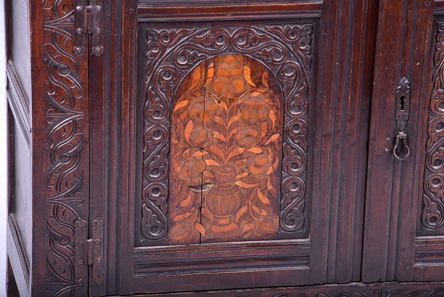 An English oak marquetry press / court cupboard in the 17th century style probably late 19th - Image 4 of 12