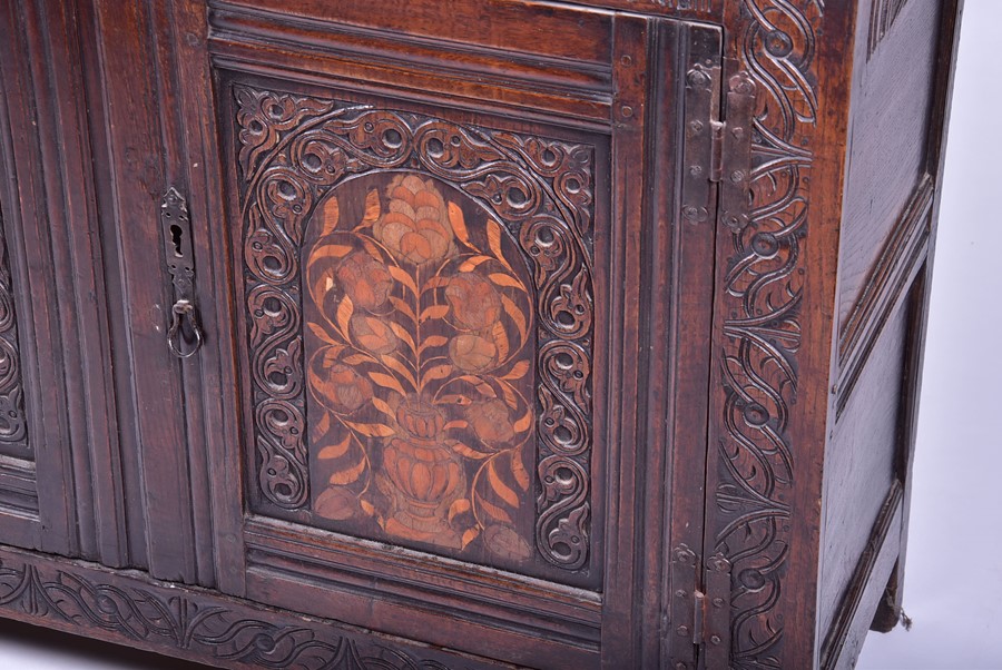 An English oak marquetry press / court cupboard in the 17th century style probably late 19th - Image 5 of 12