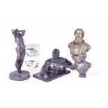 A collection of Russian bronze sculptures to include a patinated bronze model of a semi nude maiden,