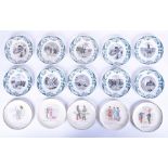 A group of ten French Sarreguemines faience plates depicting military scenes with Russians, a