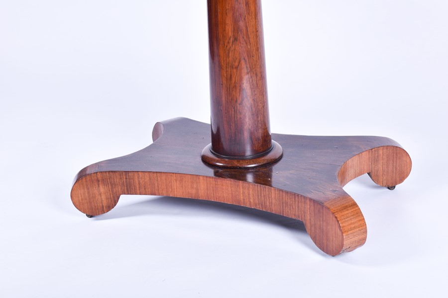 A William IV rosewood fold-over tea table with swivel top, the inverted tapering column on a - Image 2 of 5