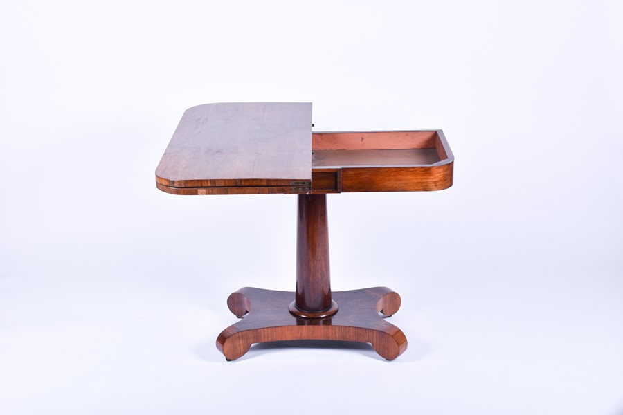 A William IV rosewood fold-over tea table with swivel top, the inverted tapering column on a - Image 3 of 5