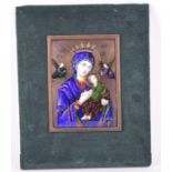 A 19th century French enamel icon  depicting the Virgin Mary embracing baby Jesus, he sits on her