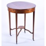 An Edwardian Sheraton Revival circular occasional table the top with hand painted decoration with