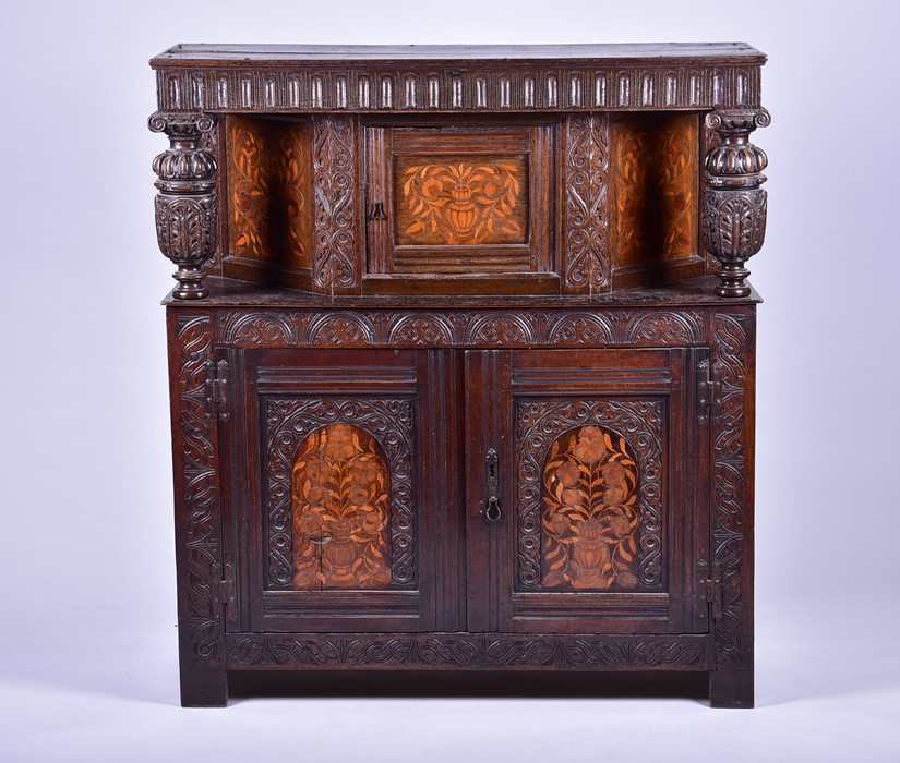 An English oak marquetry press / court cupboard in the 17th century style probably late 19th - Image 3 of 12