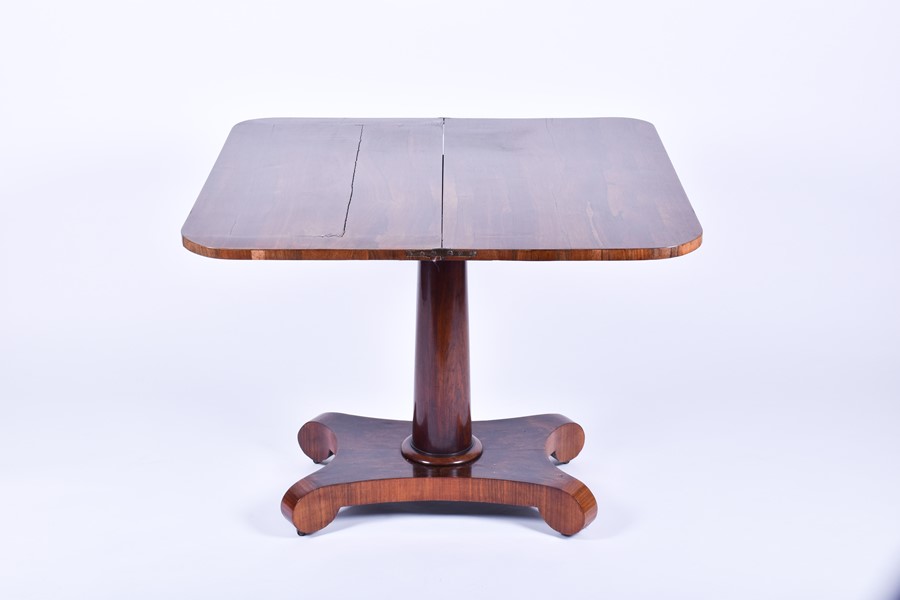 A William IV rosewood fold-over tea table with swivel top, the inverted tapering column on a - Image 4 of 5