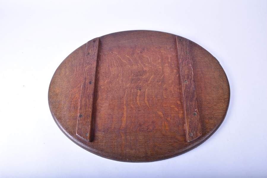 An Arts & Crafts style oak serving tray by Stanley Webb Davies with a shaped piecrust rim, the - Image 5 of 6
