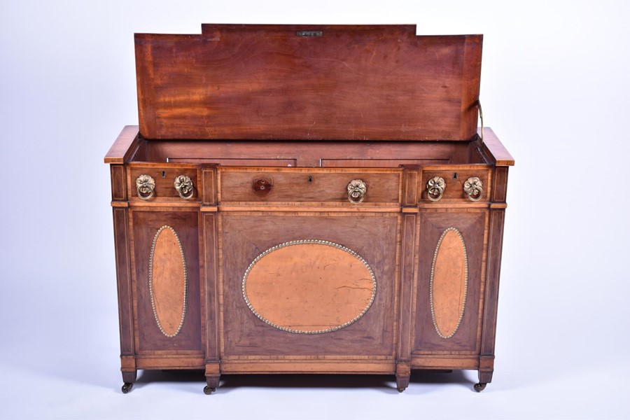 A small Edwardian mahogany and satinwood ‘dining table leaf’ cabinet in George III style, with - Image 5 of 6