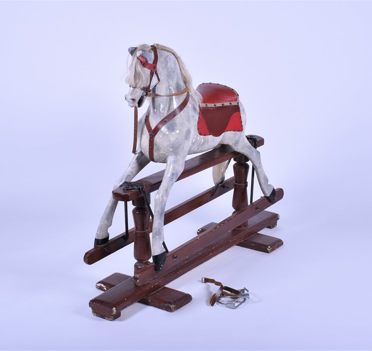 An early 20th century painted rocking horse with padded leather saddle and bridle, on rocker base - Image 2 of 6