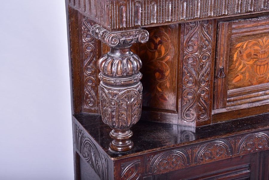 An English oak marquetry press / court cupboard in the 17th century style probably late 19th - Image 8 of 12