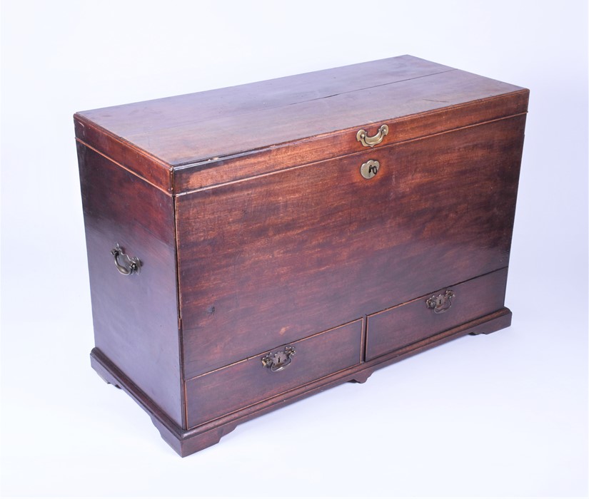 A George II oak two-drawer blanket chest with brass handles, 121 cm x 80 cm x 54 cm.CONDITION