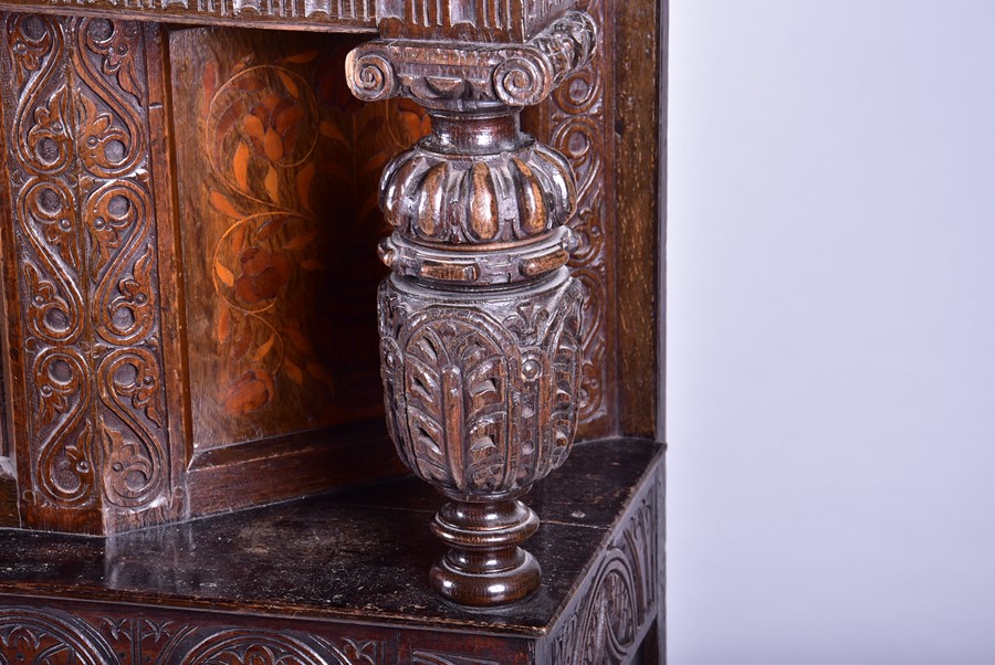 An English oak marquetry press / court cupboard in the 17th century style probably late 19th - Image 6 of 12