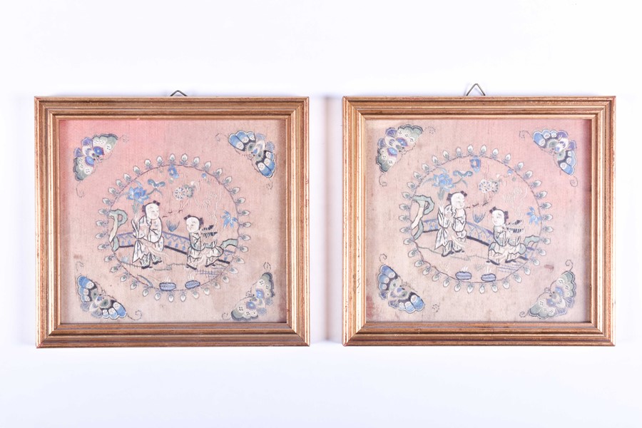 A pair of Chinese framed embroidered silk squares each depicting children in an outdoor setting - Image 2 of 5